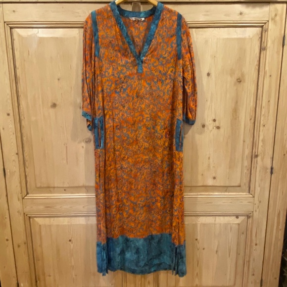 Soft Surroundings Teal Orange Boho Tunic Kaftan Flowy Maxi Dress Size Small - Picture 3 of 10